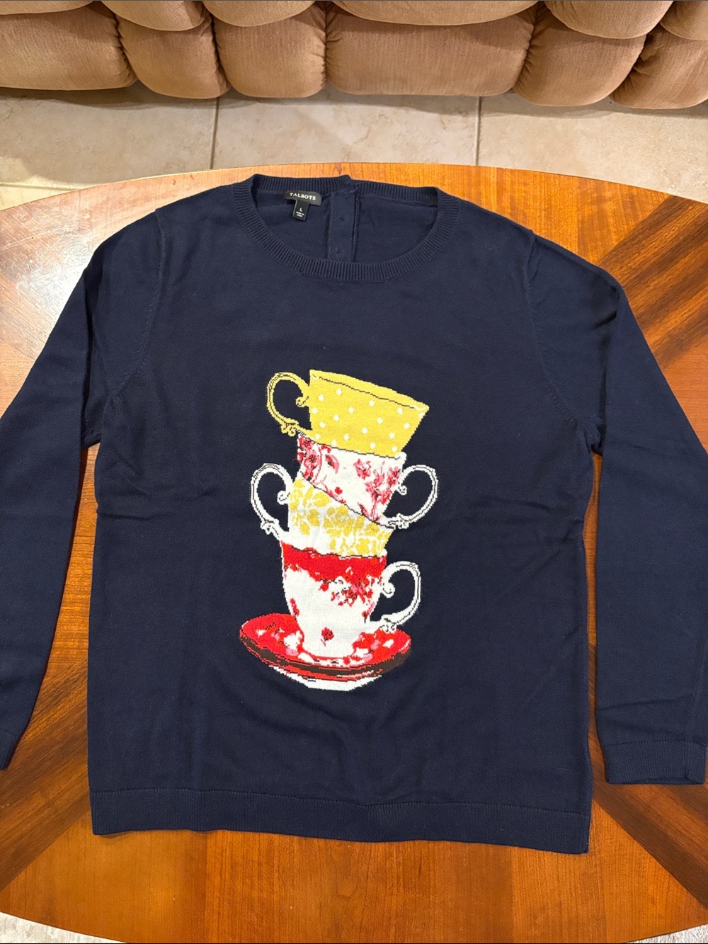 Talbots Women’s Navy Crewneck Sweater with Stacked Teacup Motif